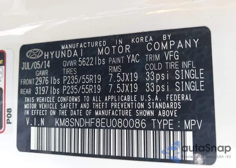 2014 Hyundai Santa Fe Gls from USA, damaged, VIN KM8SNDHF8EU080086